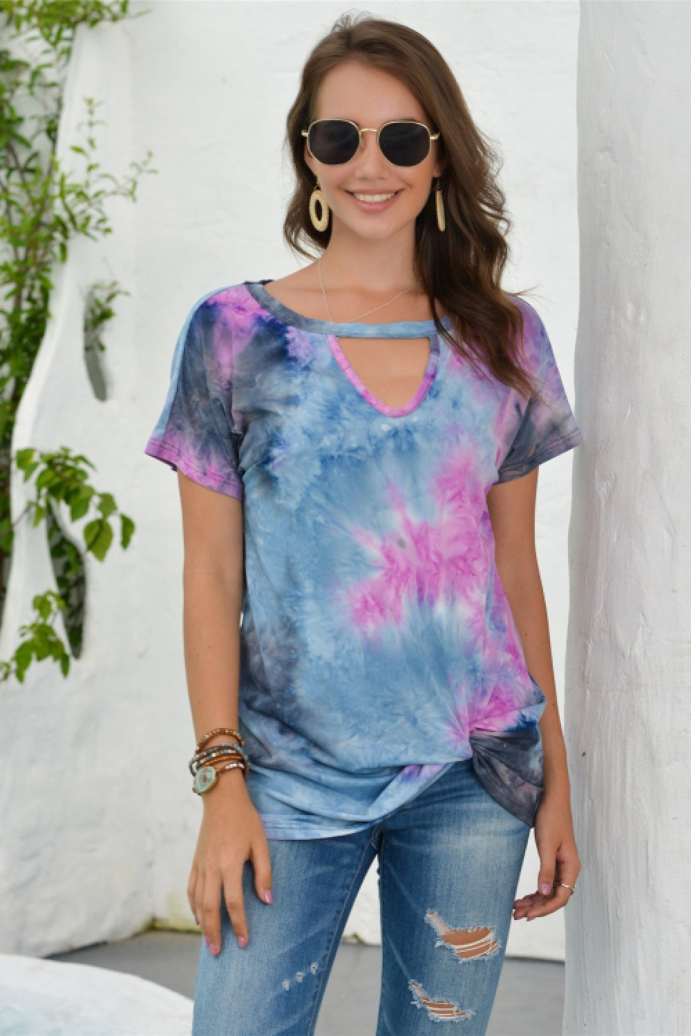 Tie Dyed Hollow Neckline T-shirt