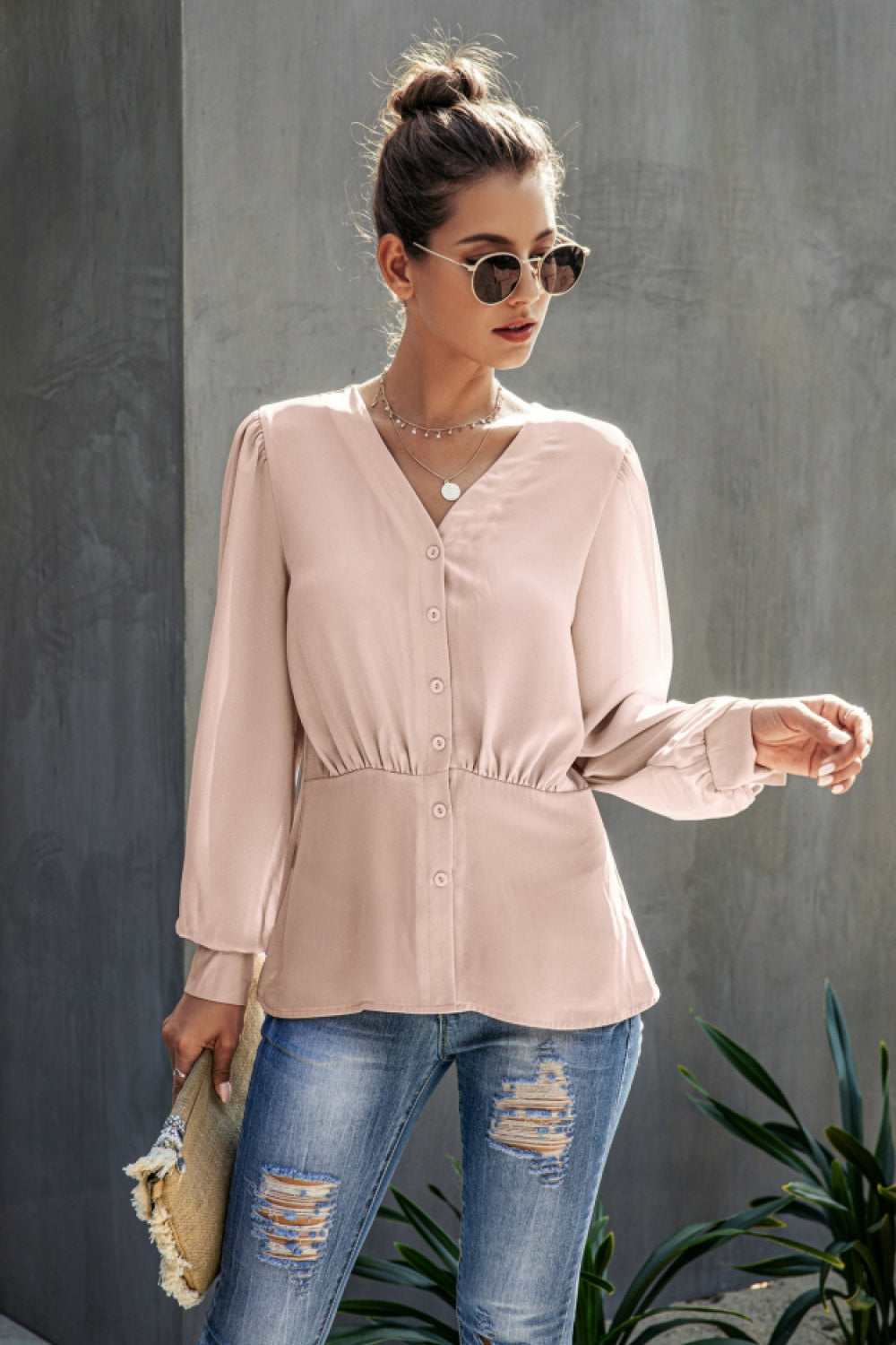 V-Neck  Buttons Long Sleeve Blouse