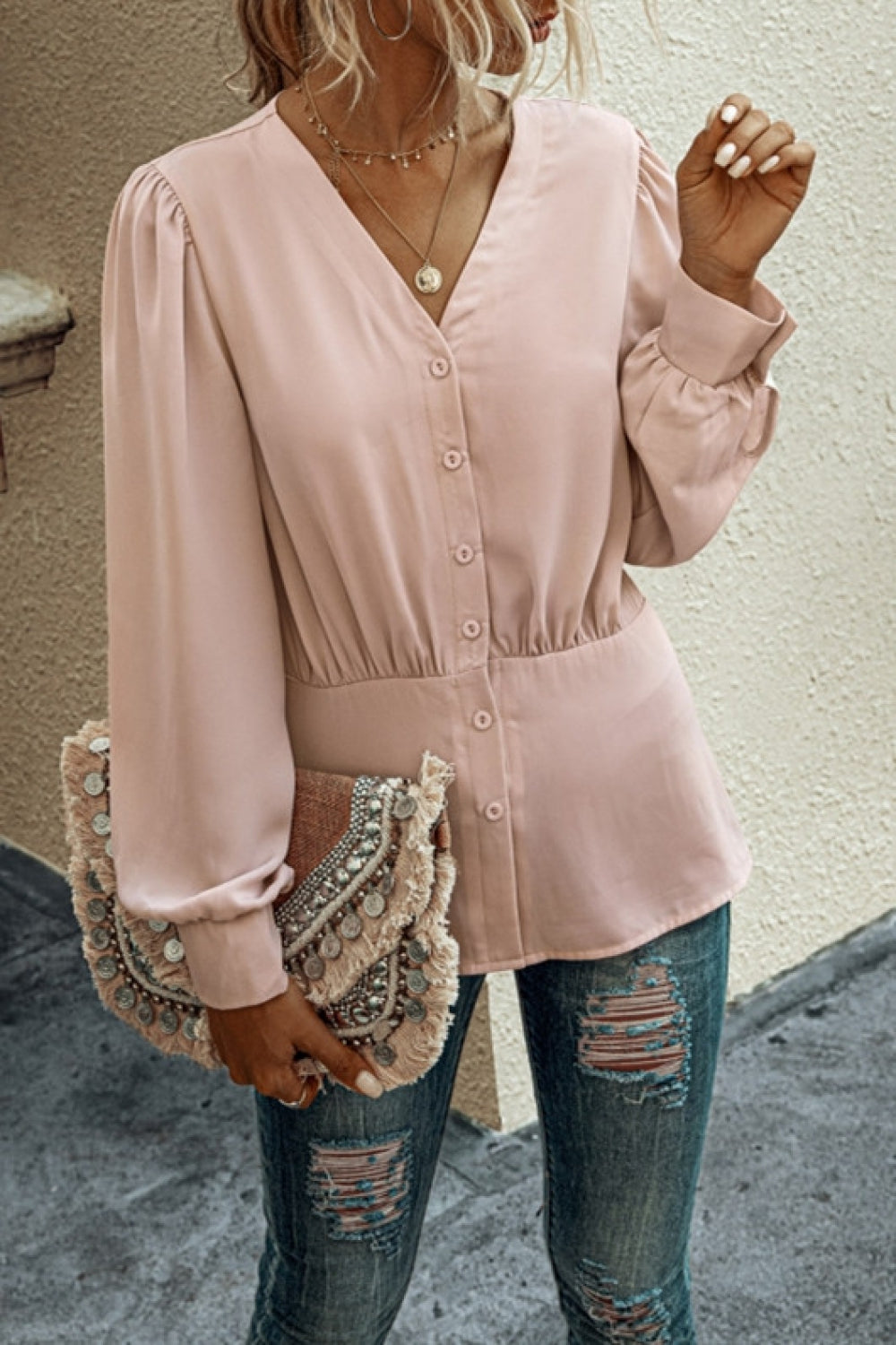 V-Neck  Buttons Long Sleeve Blouse