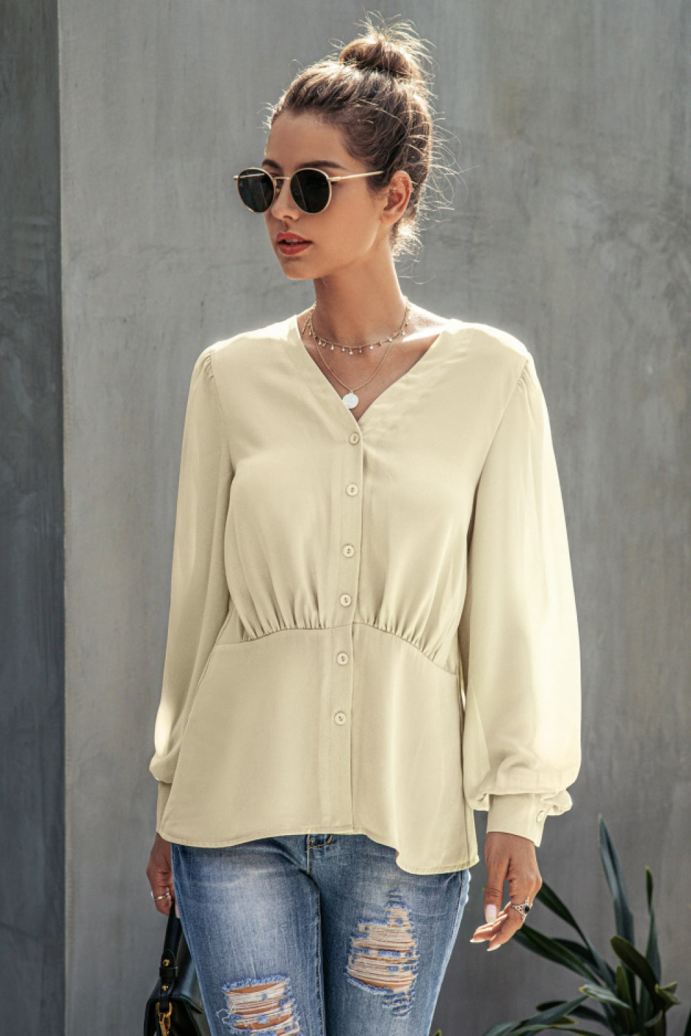 V-Neck  Buttons Long Sleeve Blouse