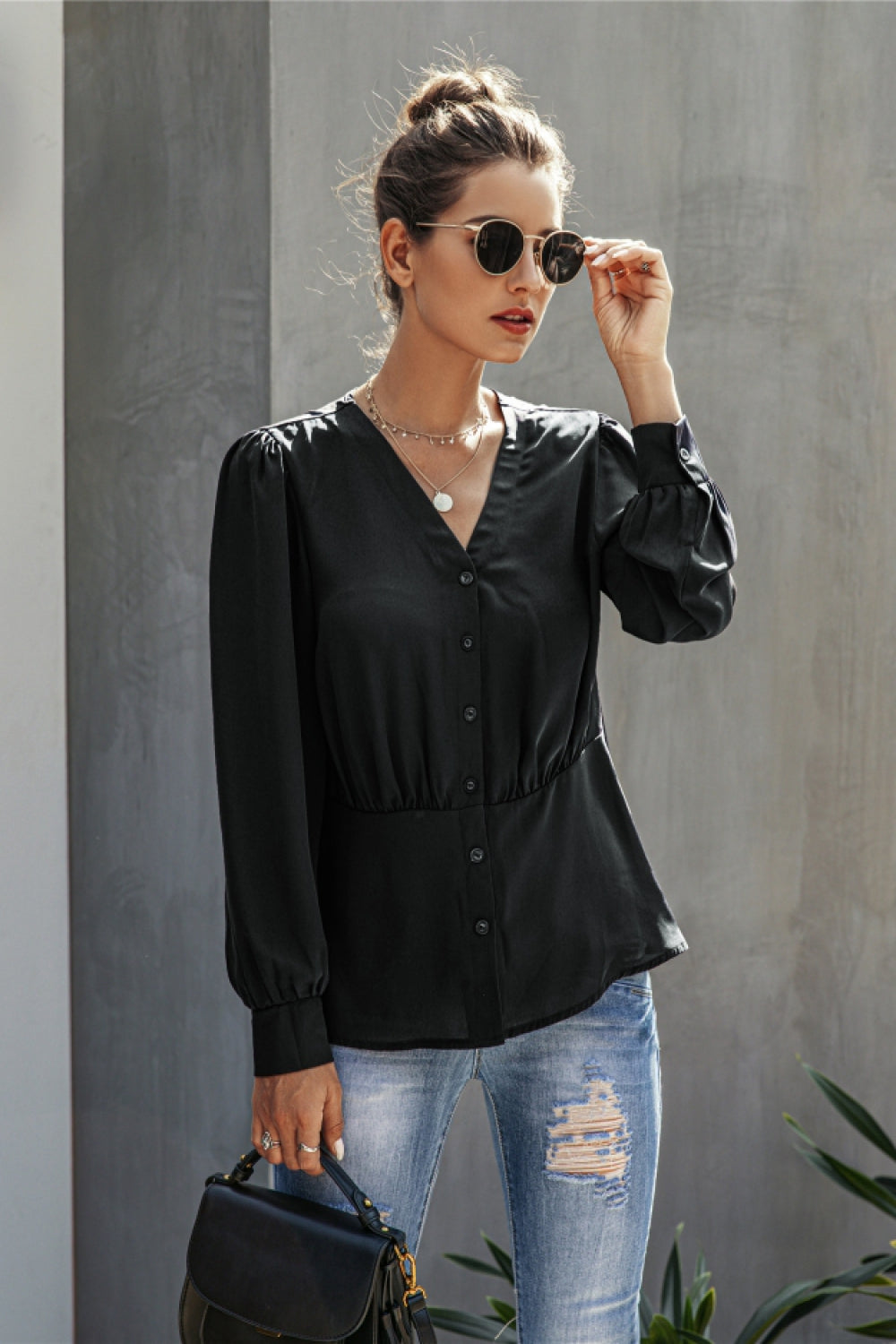 V-Neck  Buttons Long Sleeve Blouse