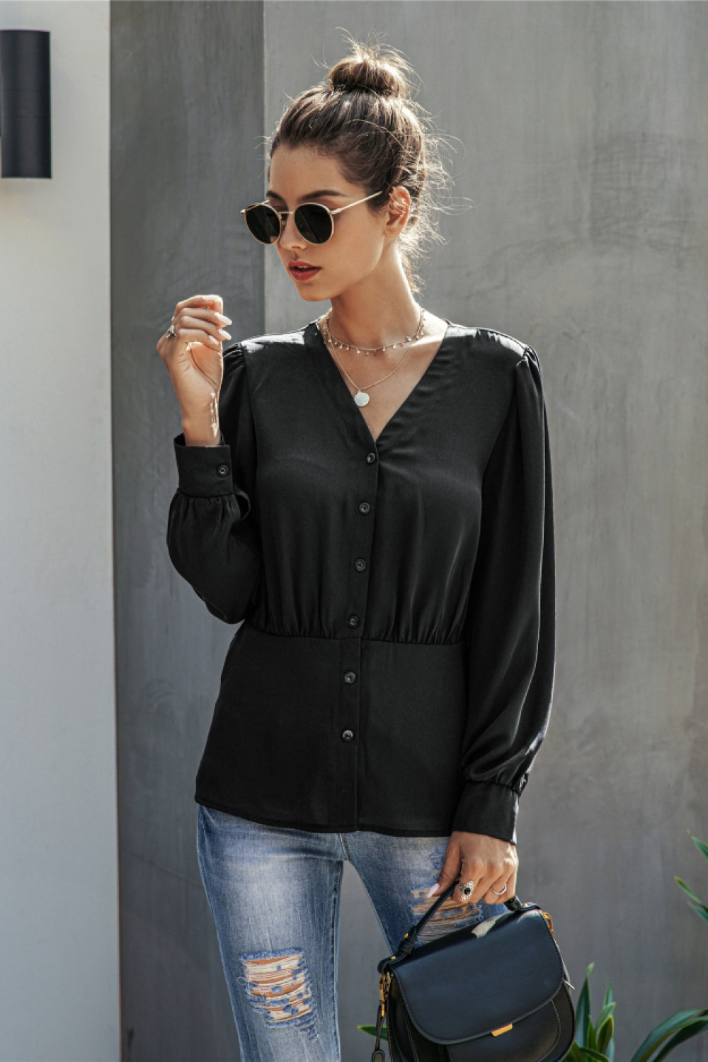 V-Neck  Buttons Long Sleeve Blouse