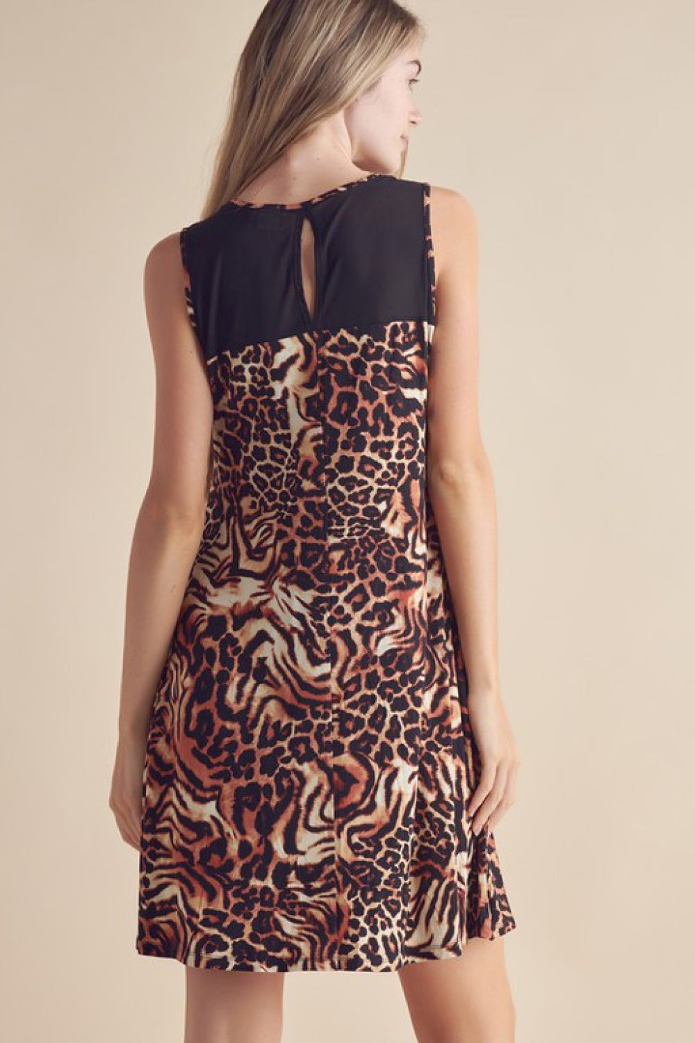 Yelete Full Size Animal Print Round Neck Sleeveless Dress with Pockets