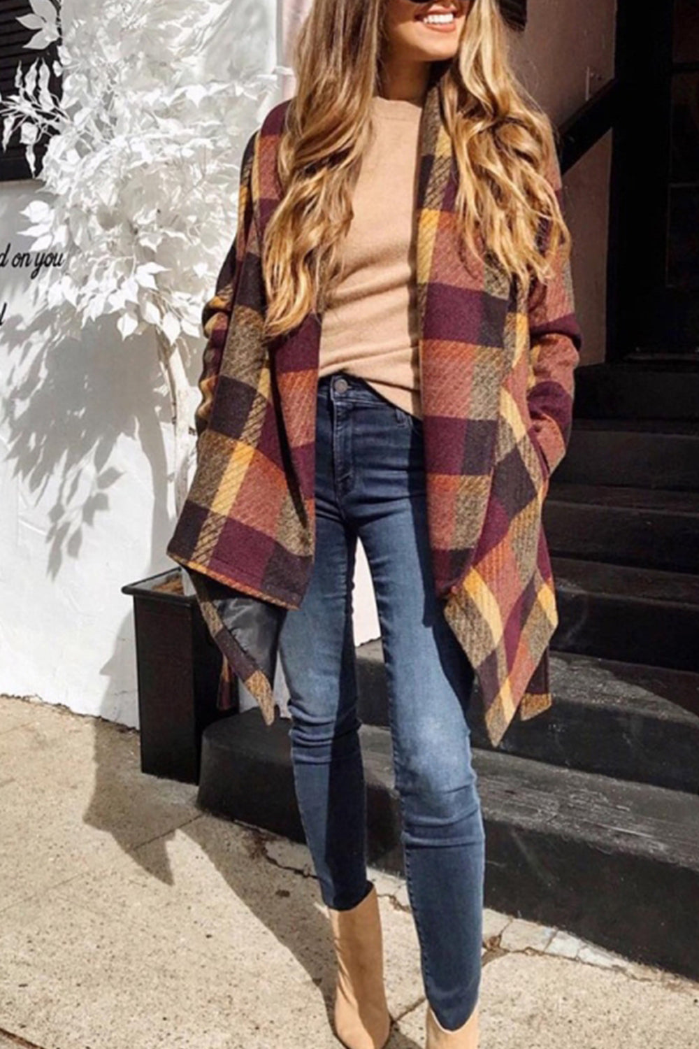 Tweed Belt Plaid Coat