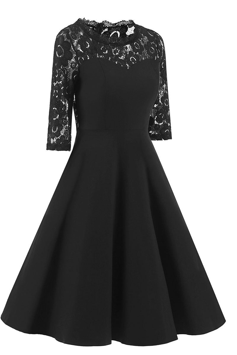 Black A-line Lace Fit And Flare Prom Dress With Half Sleeves