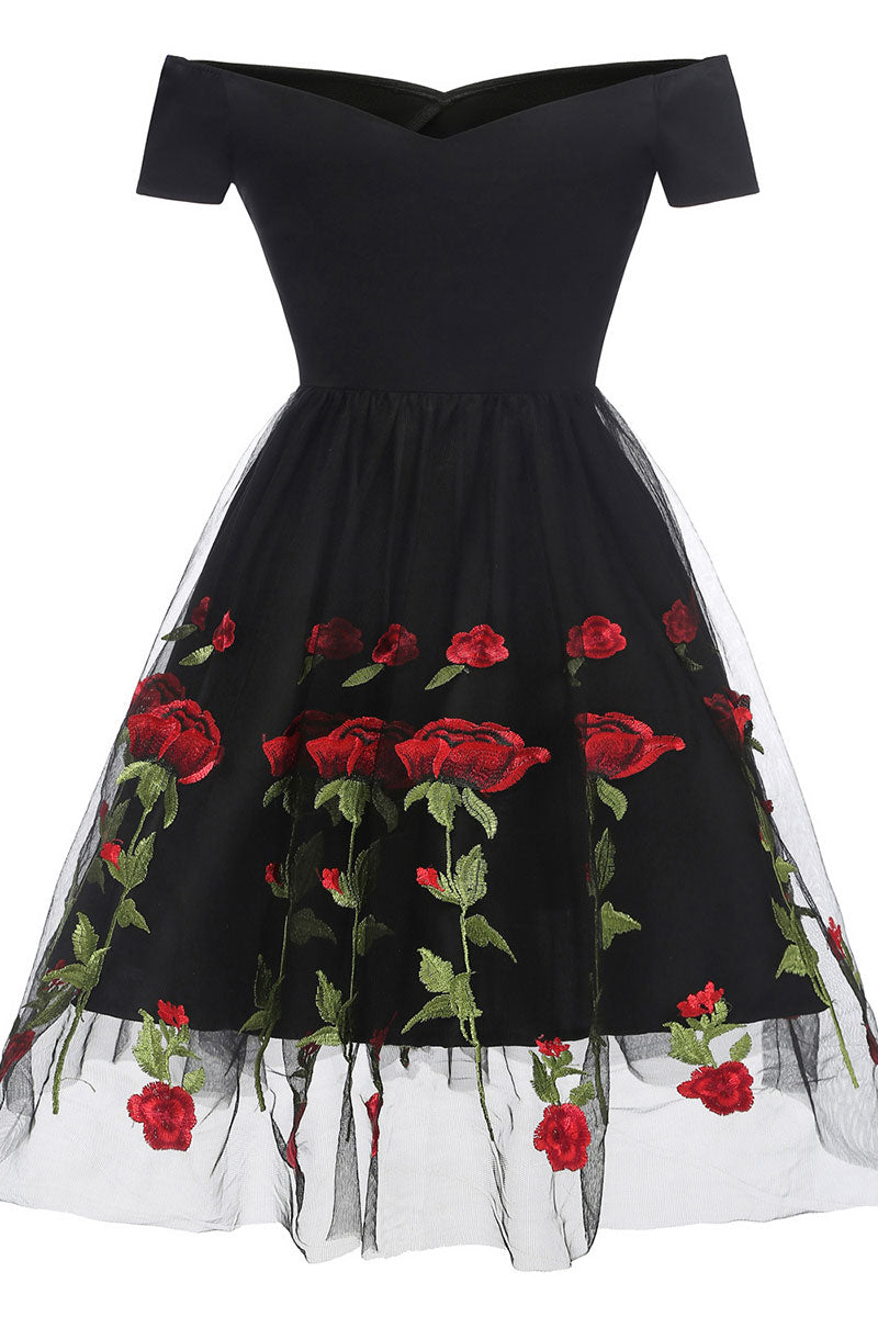 Black Off-the-shoulder Rose Embroidered A-line Prom Dress