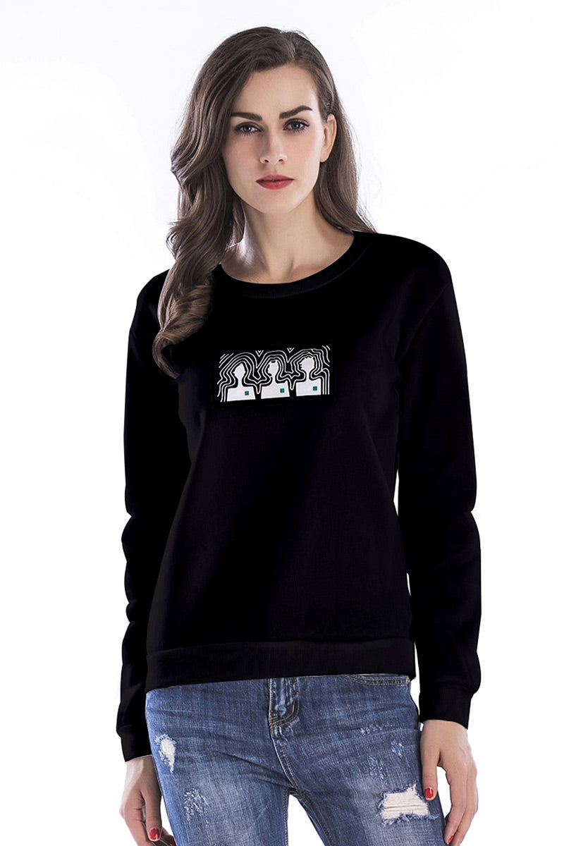 Black Print Round Neck Sweatshirt