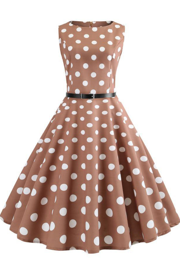 Brown Polka Dot Retro Sleeveless Dress