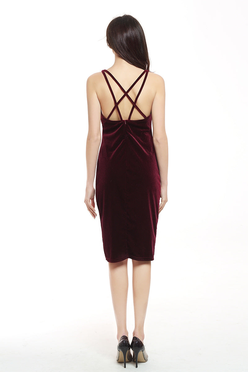 Burgundy Crisscross Sleeveless Velvet  Bodycon Dress