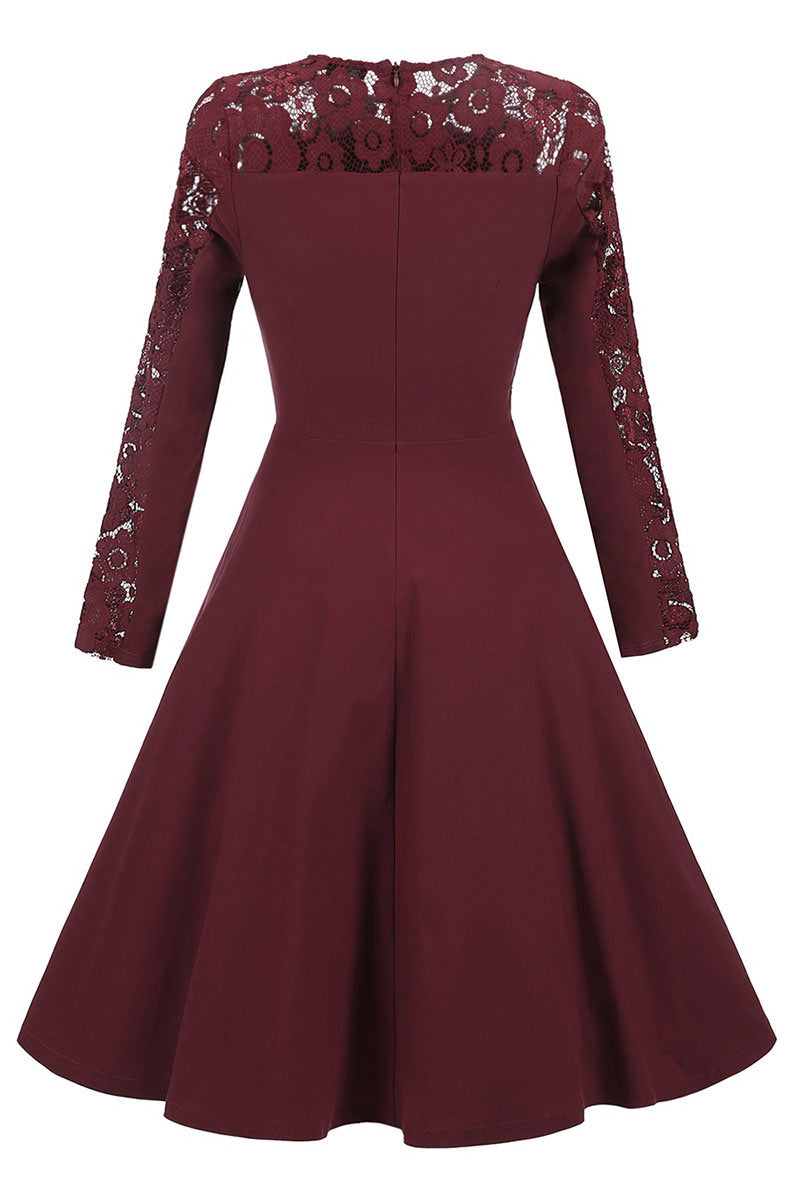 Burgundy Lace Fit And Flare Prom Dress With Sleeves