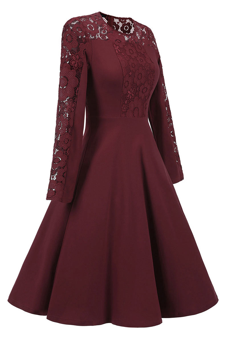 Burgundy Lace Fit And Flare Prom Dress With Sleeves