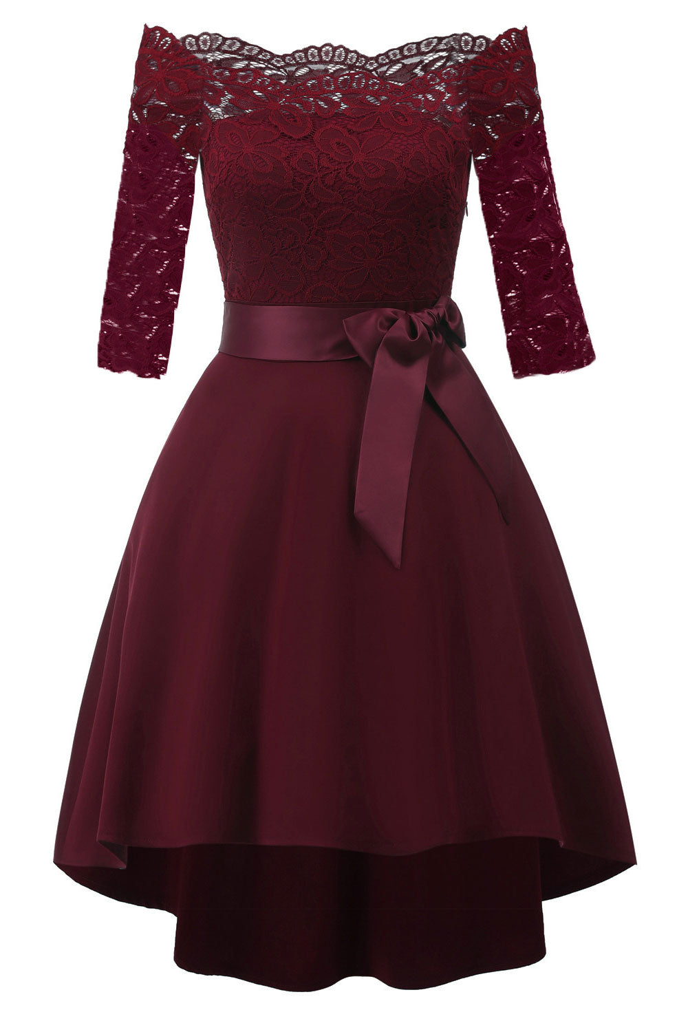 Burgundy Lace Off Shoulder High Low Prom Dress