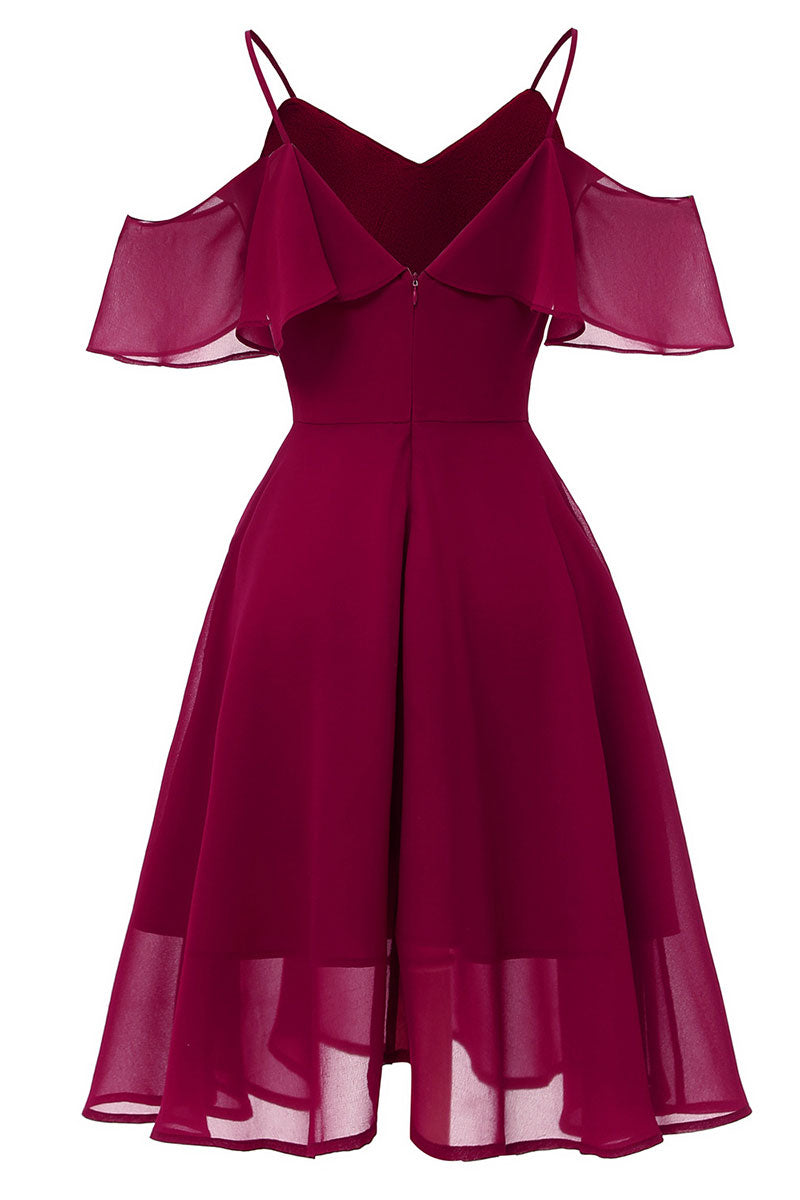 Burgundy Off-the-shoulder A-line Spaghetti Strap Prom Dress