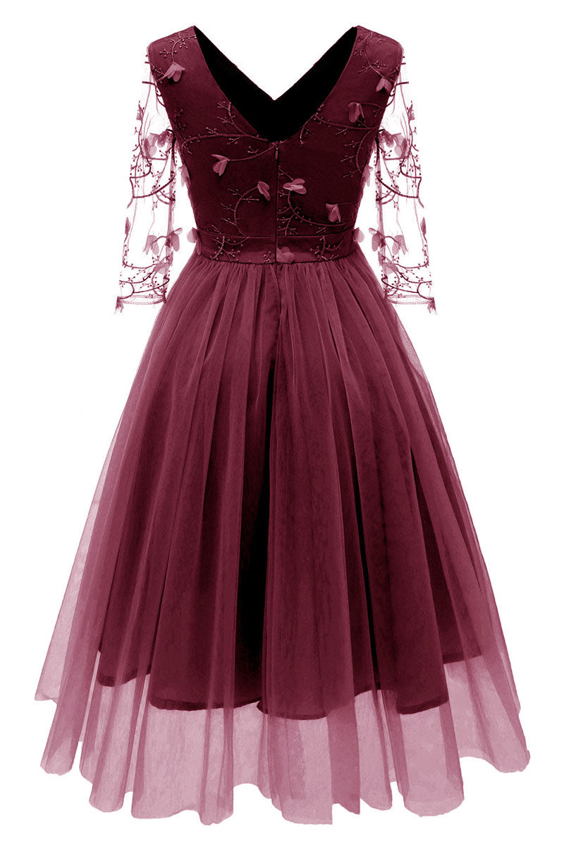 Burgundy V-neck A-line Applique Prom Dress With Long Sleeves