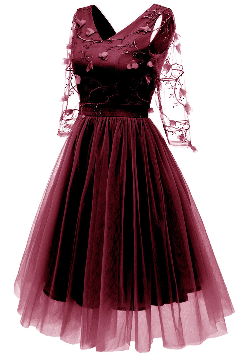 Burgundy V-neck A-line Applique Prom Dress With Long Sleeves