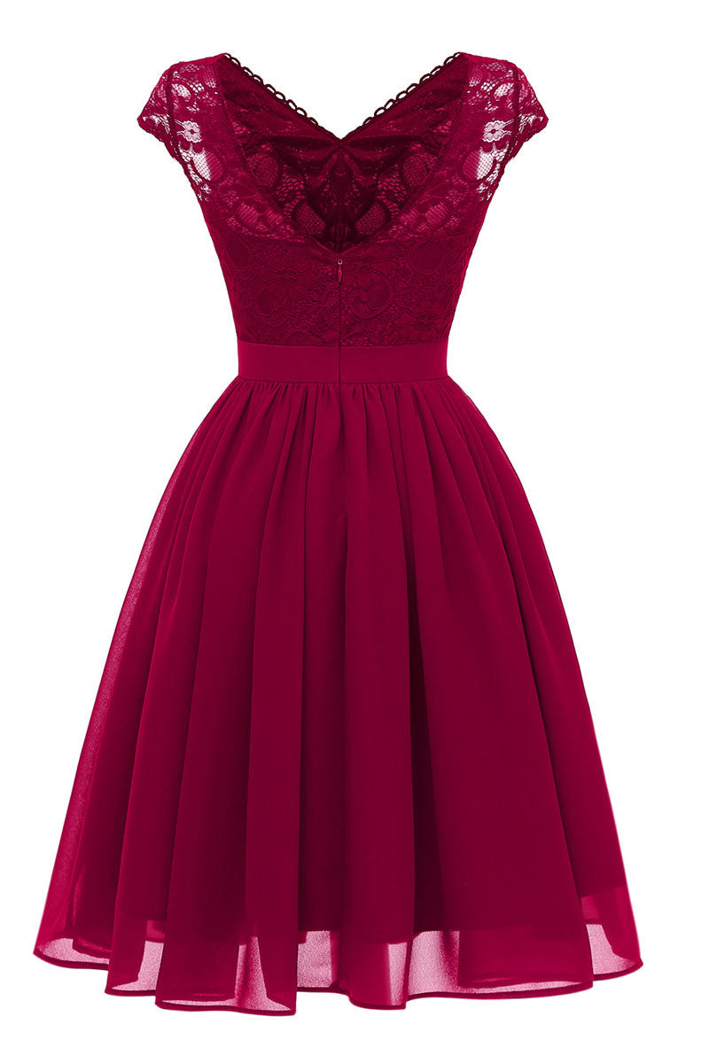 Burgundy V-neck Lace Homecoming Prom Dress