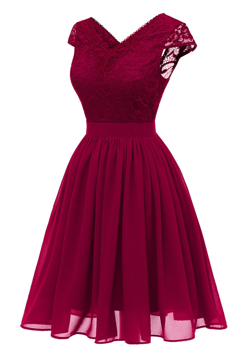 Burgundy V-neck Lace Homecoming Prom Dress