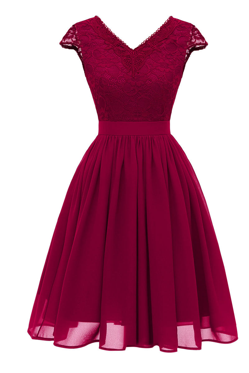 Burgundy V-neck Lace Homecoming Prom Dress