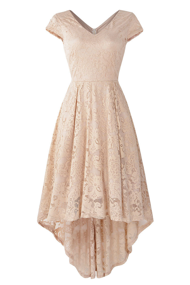 Champagne V Neck Cap Sleeve Lace Prom Dress