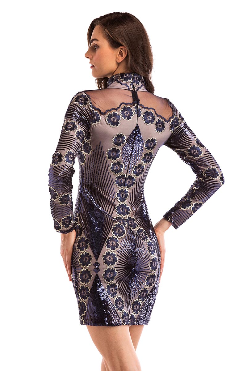 Dark Navy Embroidered Sequined Bodycon Dress With Long Sleeves