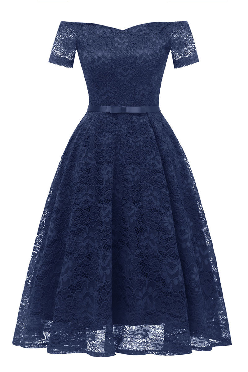 Dark Navy Off-the-shoulder Lace Prom Dress With Sleeves