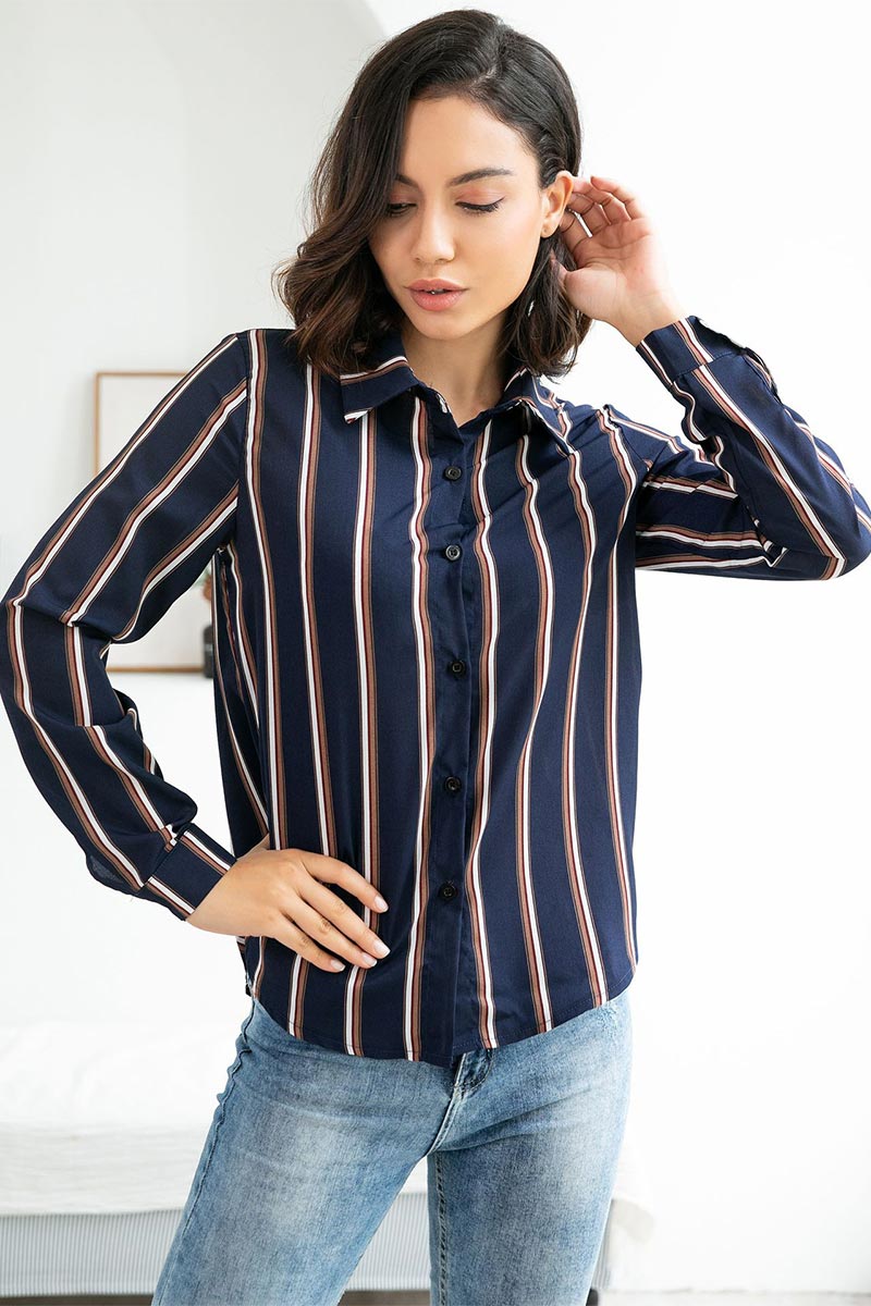 Dark Navy Striped Single Breasted Blouse With Long Sleeves