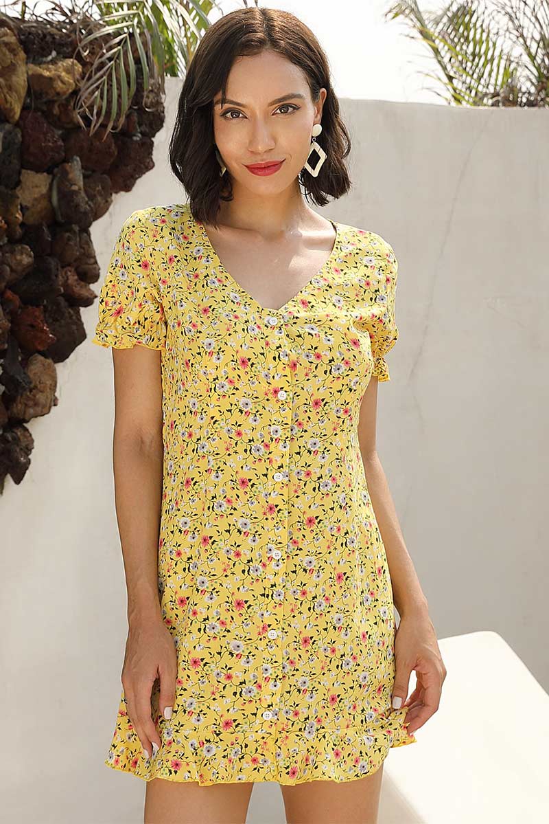 Falbala V Neck Single Breasted Floral Dress