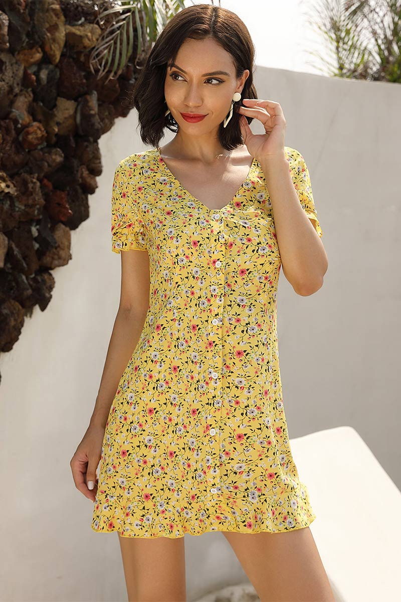 Falbala V Neck Single Breasted Floral Dress