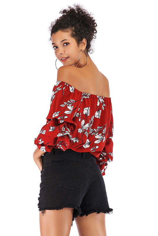 Floral Off-the-shoulder Puff Sleeve Backless Blouse