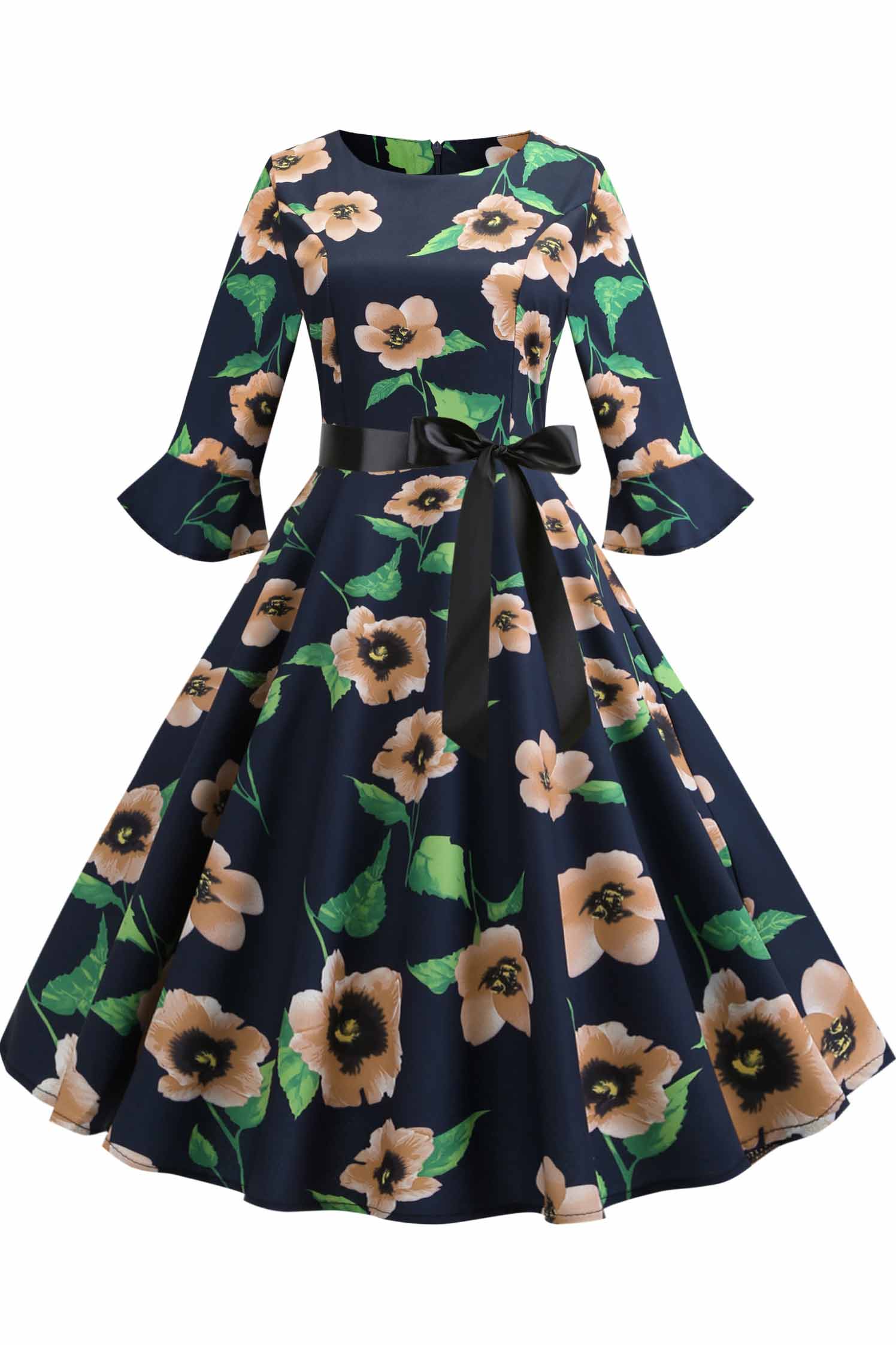 Floral Print Boatneck A-line Dress