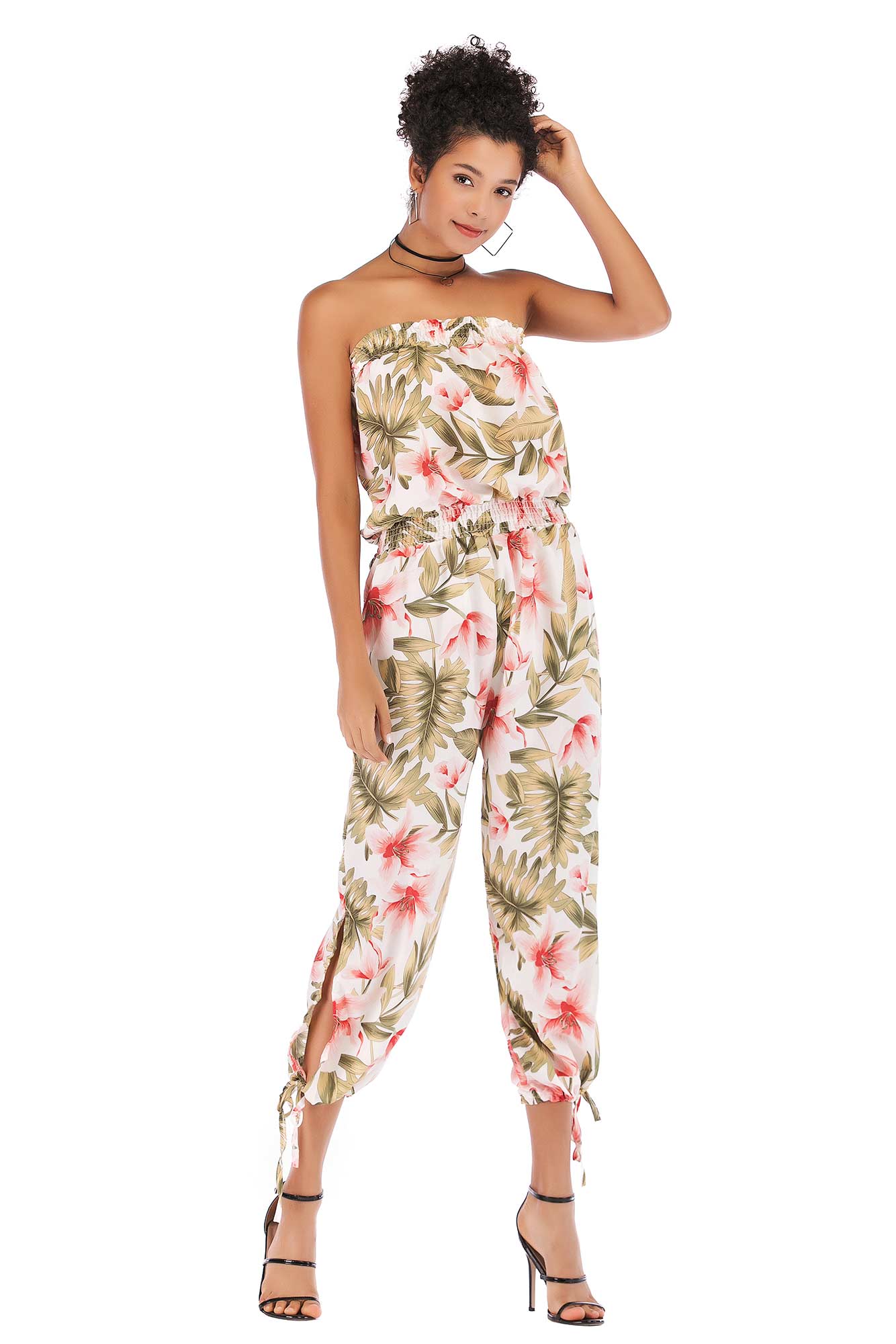 Floral Print Strapless Shirred Chiffon Jumpsuit