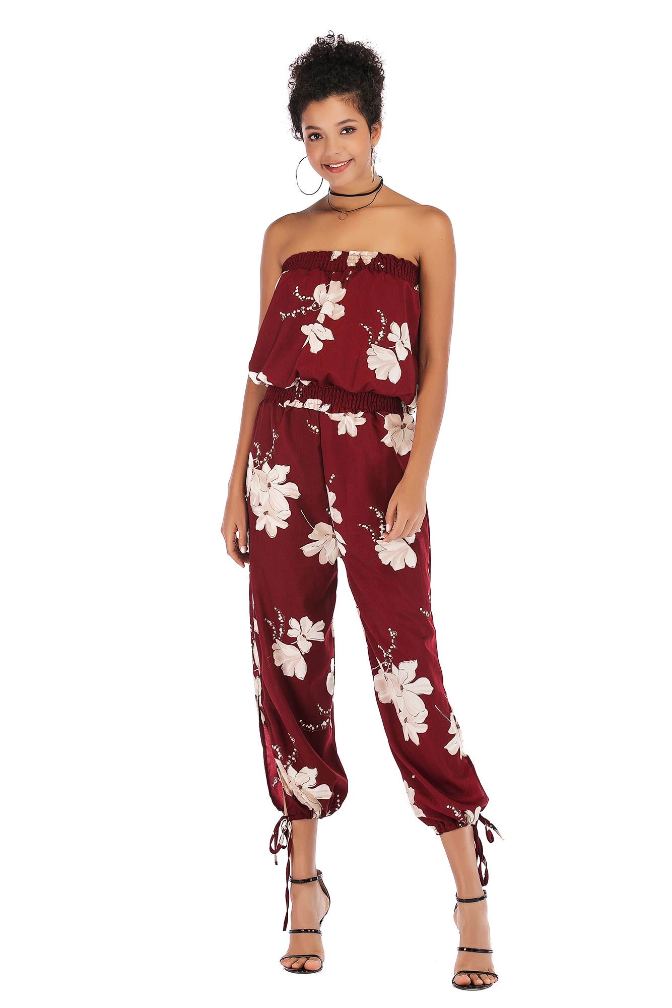 Floral Print Strapless Shirred Chiffon Jumpsuit