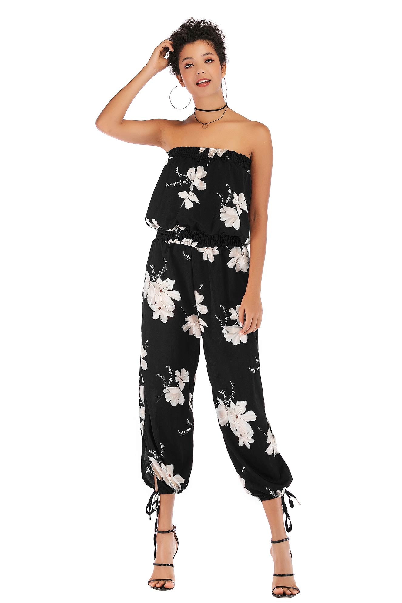 Floral Print Strapless Shirred Chiffon Jumpsuit