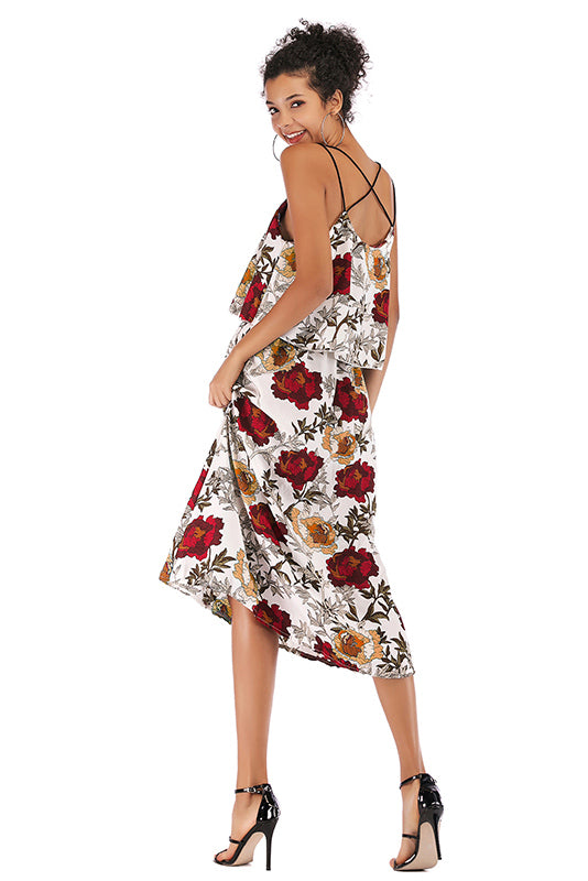 Flower Print Crisscross Spaghetti Straps Chiffon Dress