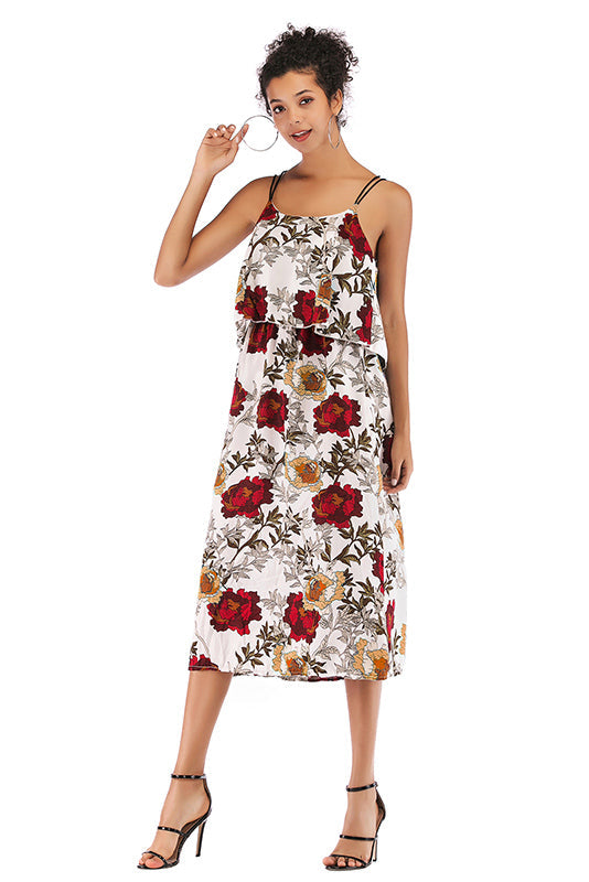 Flower Print Crisscross Spaghetti Straps Chiffon Dress