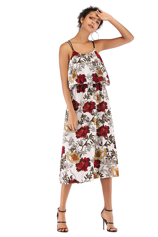 Flower Print Crisscross Spaghetti Straps Chiffon Dress