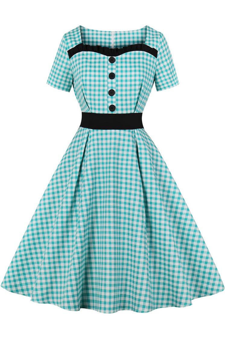 Gingham Square Collar Button Retro Dress