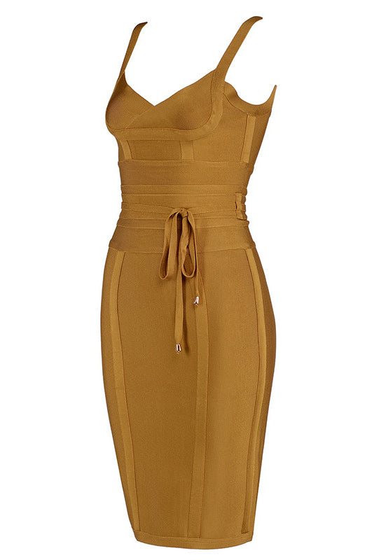 Gold Sexy V-neck Bandage Bodycon Dress