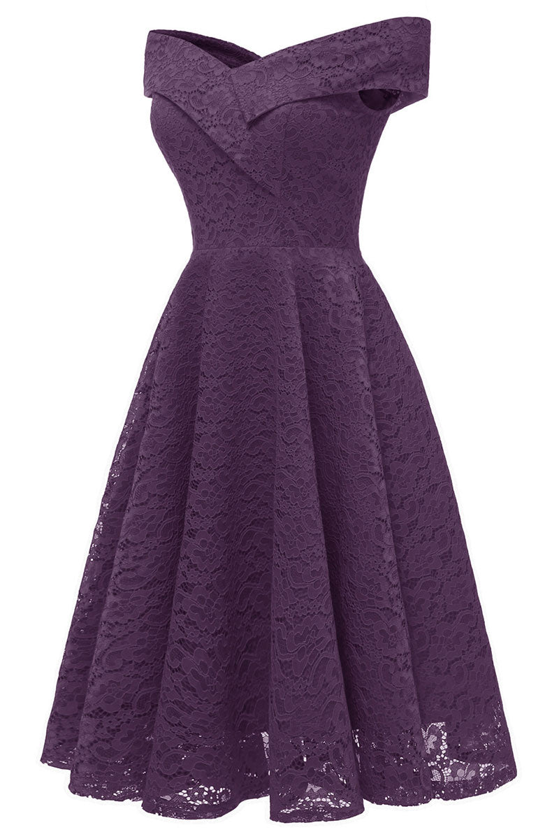 Purple Off-the-shoulder Lace Midi Prom Dress