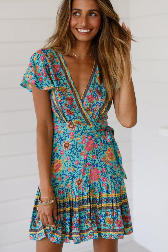 Sexy V-neck Maxi Printed Summer Short Dress