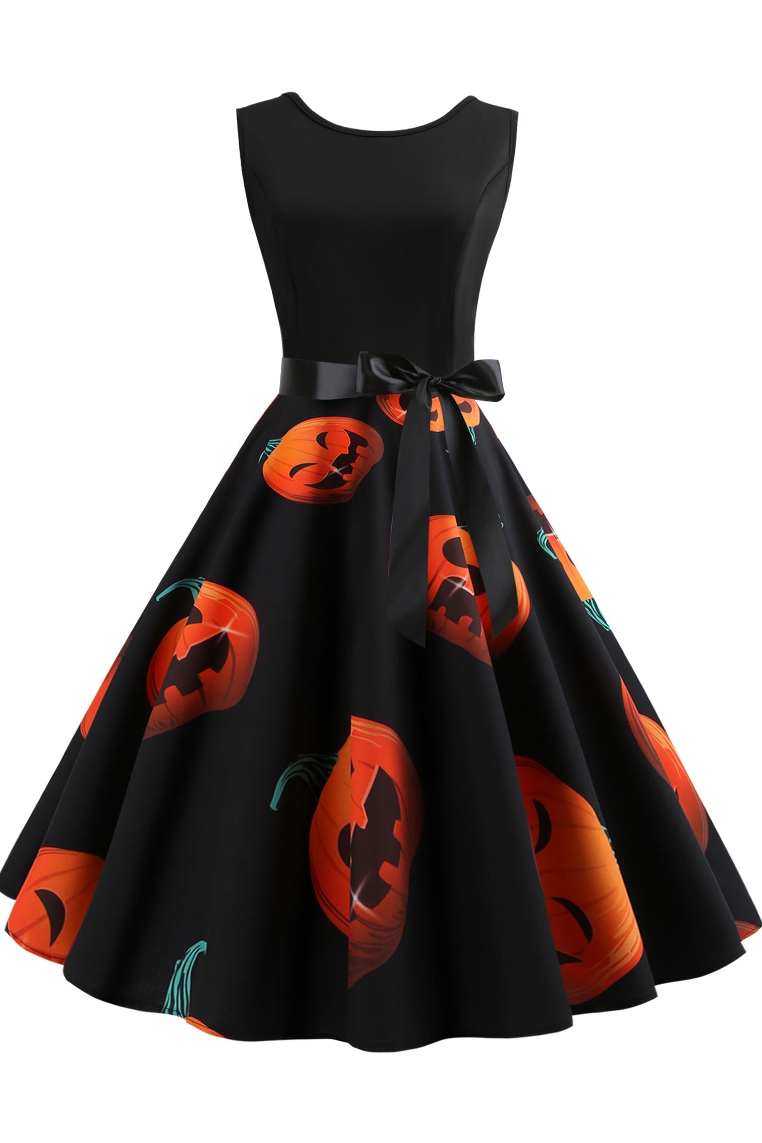 Halloween Sleeveless Pumpkin Print Panel Dress