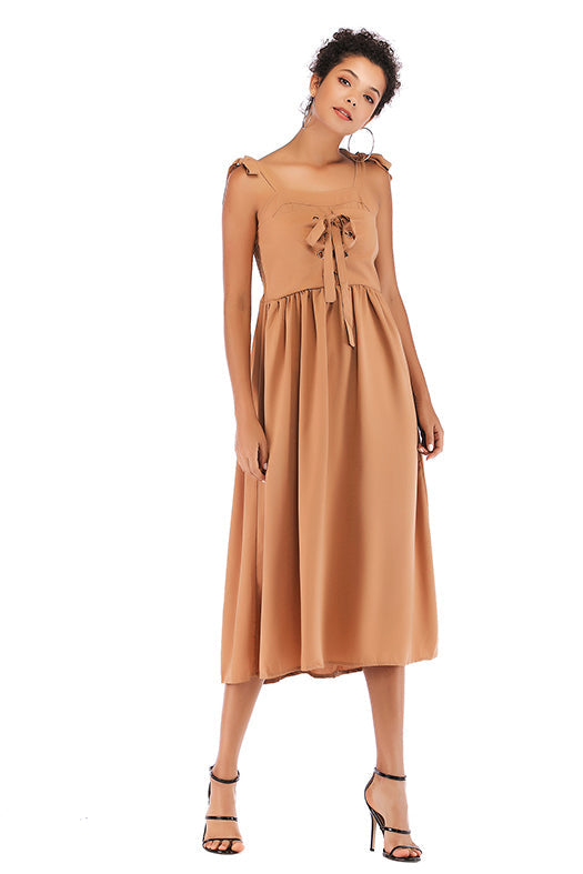 Knot Strap Lace-up Front Chiffon Dress