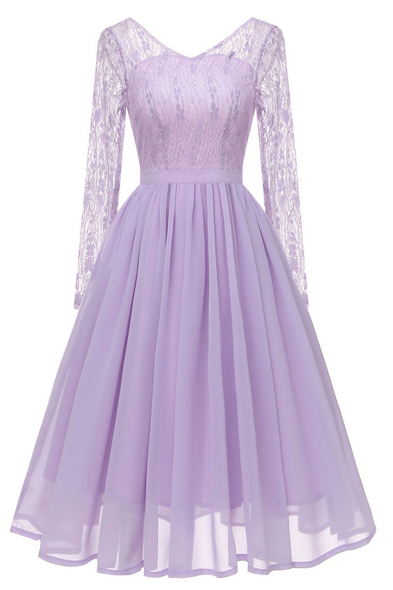 Lavender V-neck Lace A-line Prom Dress With Long Sleeves