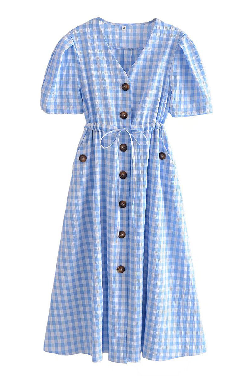 Light Sky Blue Plaid Buttoned Dress