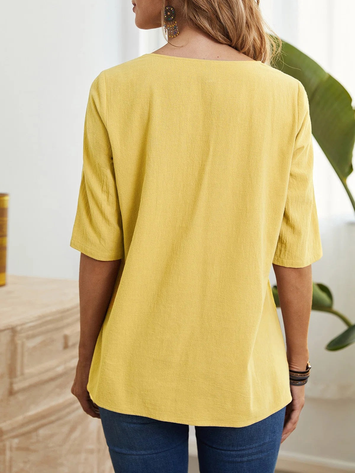 Irregular round neck mid-sleeve linen top