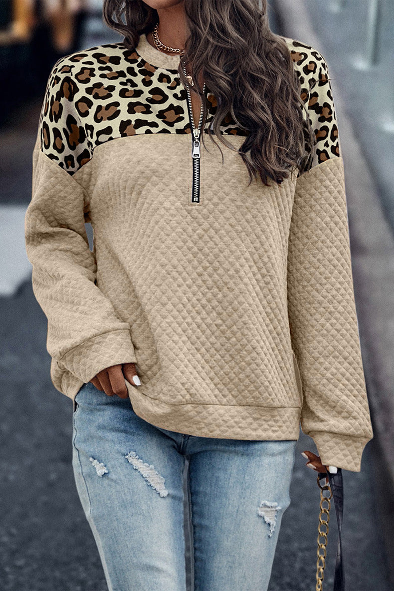 Leopard print patchwork zipper pullover sweatshirt