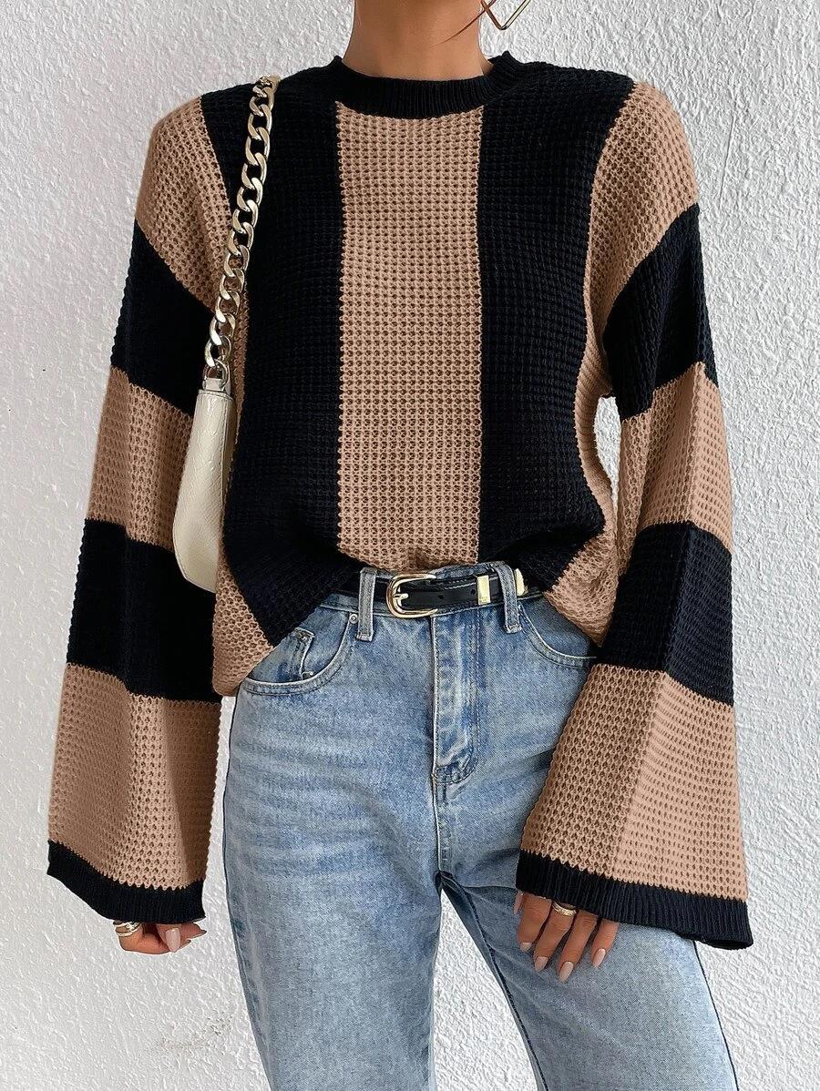 Wide vertical stripe bell sleeve pullover sweater