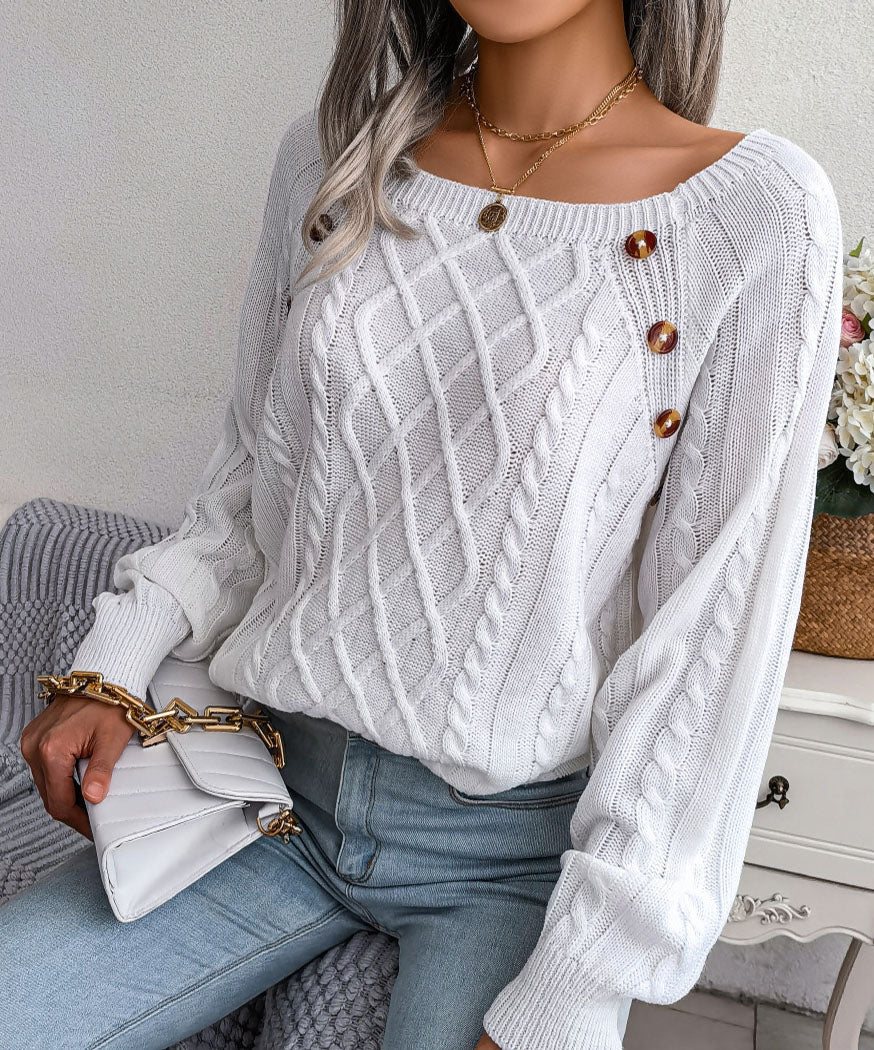 Crew Neck Button decoration Cable Knit Sweater