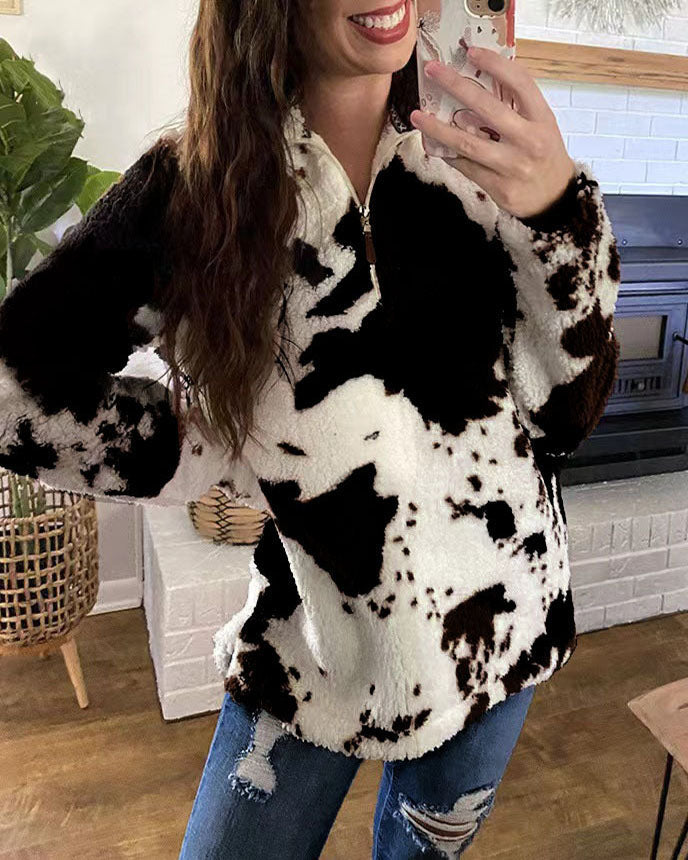 Cow print polar fleece zipper sweatshirt