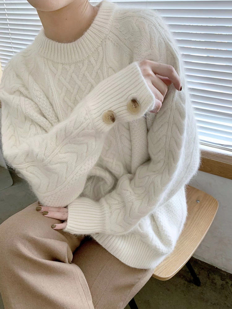 Retro Twist Thick Cuff Button Pullover Sweater